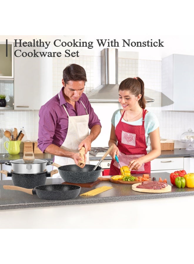 BOAO Upgrade Your Kitchen with BOAO Nonstick Pots and Pans Set - 12-Piece Cookware Set Featuring FDA-Certified Safety, Effortless Cleaning & Elegant Design - Compatible with All Stove Types (Black) - Image 3